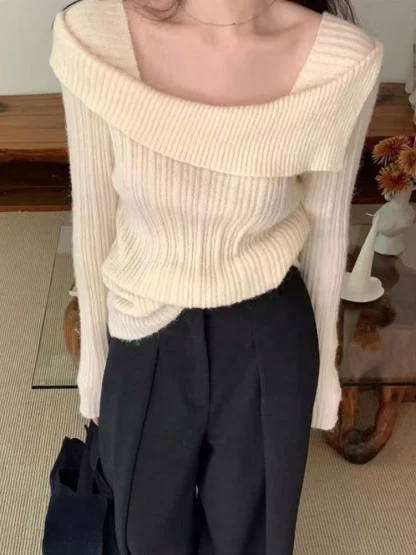 Knitted Off Shoulder Sweater Tops - Image 2