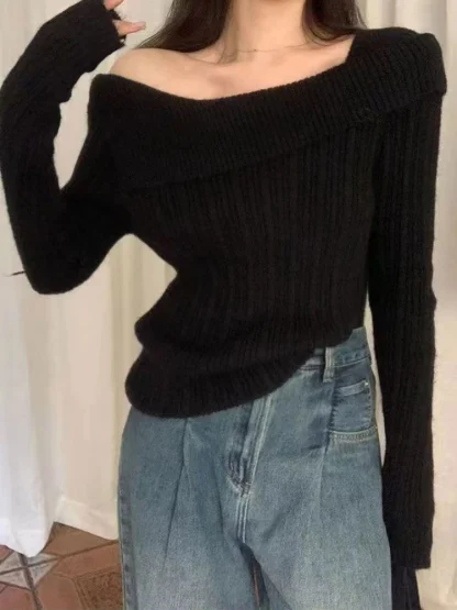 Knitted Off Shoulder Sweater Tops - Image 3