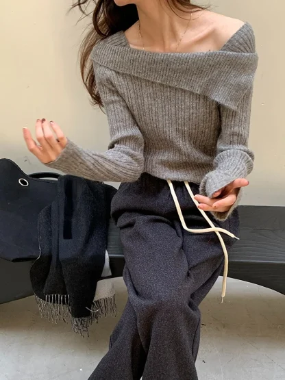 Knitted Off Shoulder Sweater Tops - Image 4