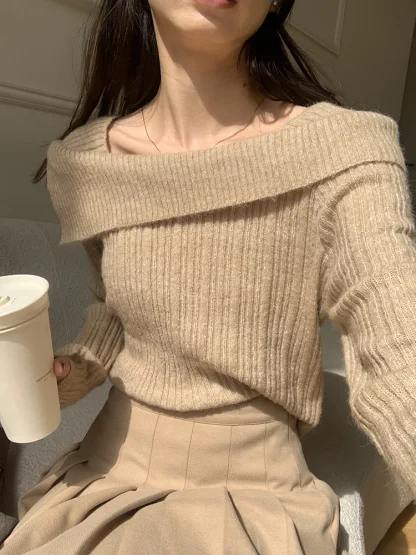 Knitted Off Shoulder Sweater Tops