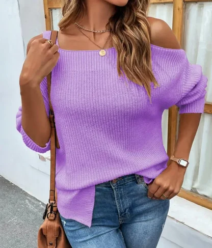 Solid Slit Off Shoulder Sweater - Image 6