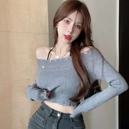 Sexy Cropped Off Shoulder Sweater - Image 3