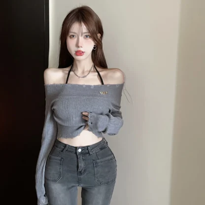 Sexy Cropped Off Shoulder Sweater - Image 4