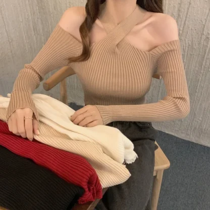 Halter Neck Off Shoulder Sweater - Image 2