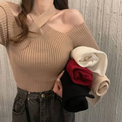 Halter Neck Off Shoulder Sweater - Image 3