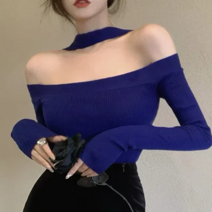 Choker Neck Off Shoulder Sweater - Image 2