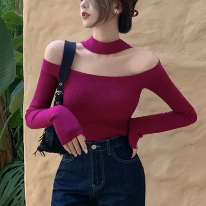 Choker Neck Off Shoulder Sweater - Image 4