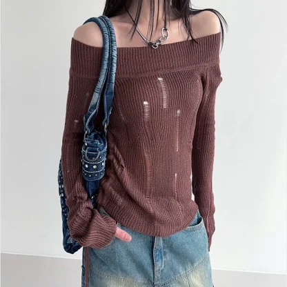 Hole Knit Off Shoulder Sweater - Image 2