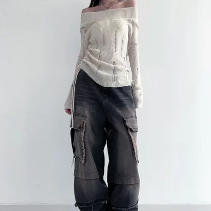 Hole Knit Off Shoulder Sweater - Image 4