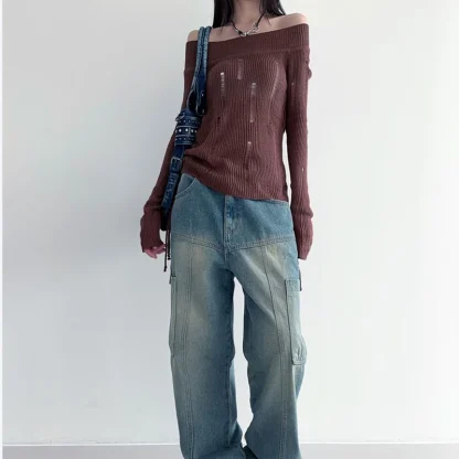 Hole Knit Off Shoulder Sweater - Image 5