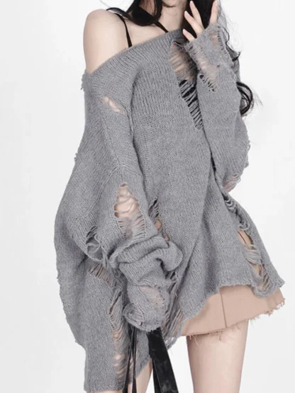 Oversized Ripped Off Shoulder Sweater - Image 2
