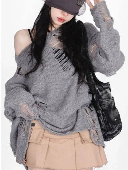 Oversized Ripped Off Shoulder Sweater - Image 4