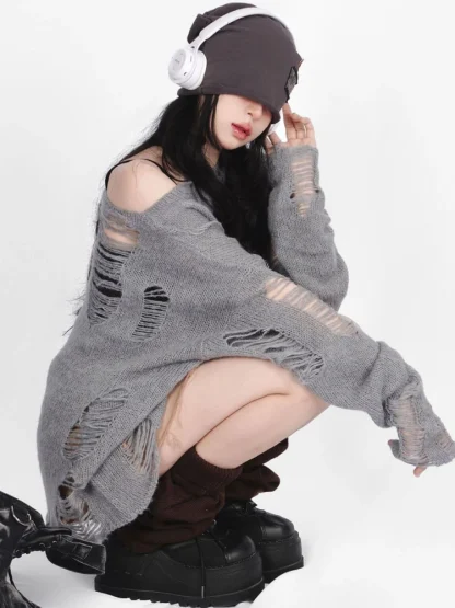 Oversized Ripped Off Shoulder Sweater - Image 5