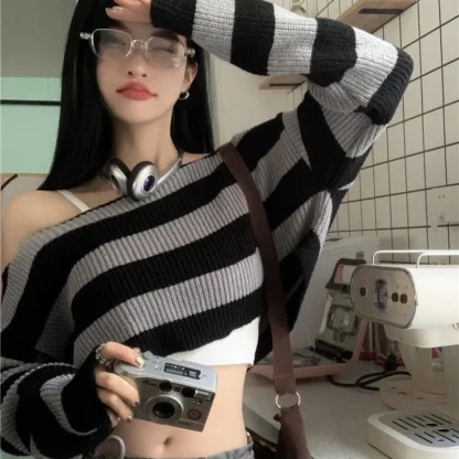 Stripe Top Off Shoulder Sweater - Image 2