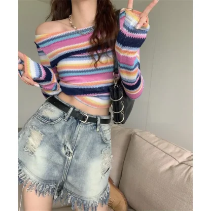 Trendy Stripes Off Shoulder Sweater - Image 3