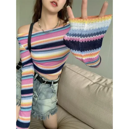 Trendy Stripes Off Shoulder Sweater - Image 6