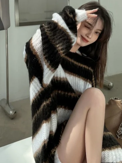 Stripe Oversize Off Shoulder Sweater - Image 2