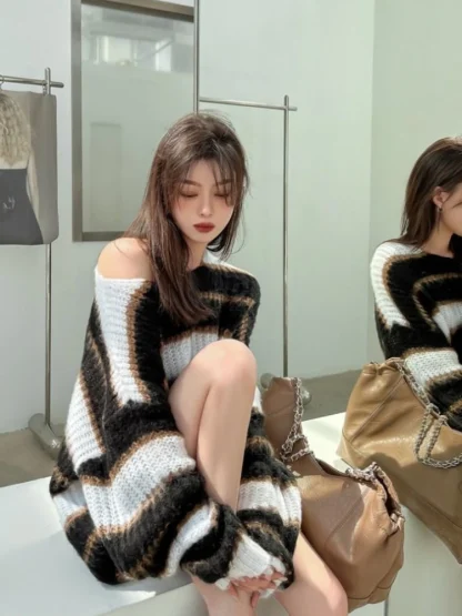 Stripe Oversize Off Shoulder Sweater - Image 4