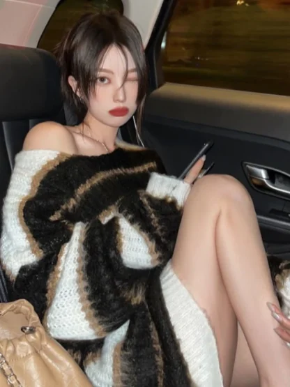 Stripe Oversize Off Shoulder Sweater - Image 6