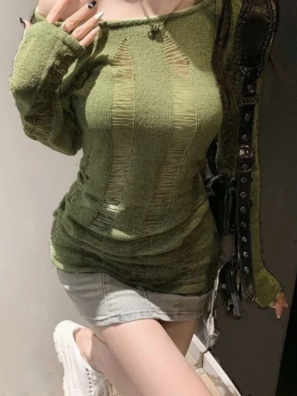 Tattered Knit Off Shoulder Sweater - Image 2