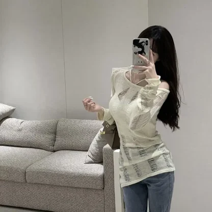 Tattered Knit Off Shoulder Sweater - Image 5