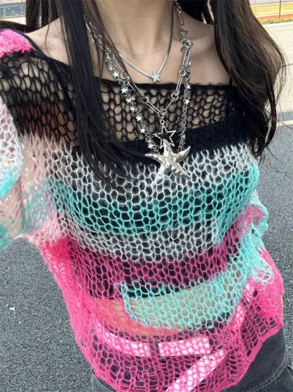 Mesh Off Shoulder Sweater Tops - Image 3