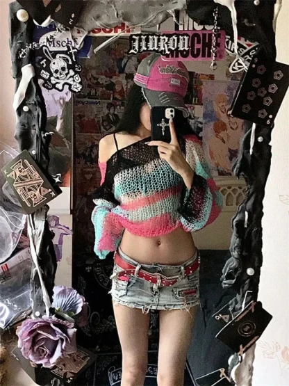 Mesh Off Shoulder Sweater Tops - Image 5