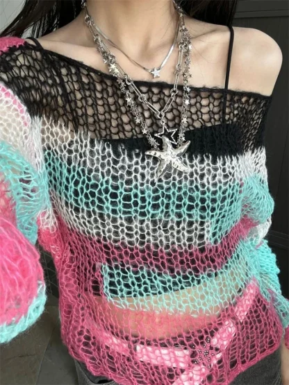 Mesh Off Shoulder Sweater Tops - Image 2