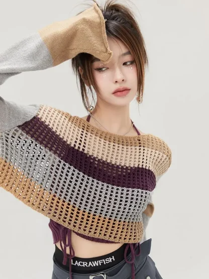 Hollow Crop Off Shoulder Sweater - Image 2