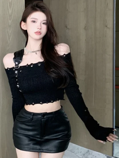 Slim Hollow Off Shoulder Sweater - Image 3