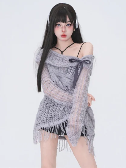 Hollow Tassel Off Shoulder Sweater - Image 2