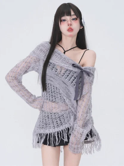 Hollow Tassel Off Shoulder Sweater - Image 3