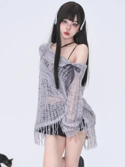 Hollow Tassel Off Shoulder Sweater - Image 4