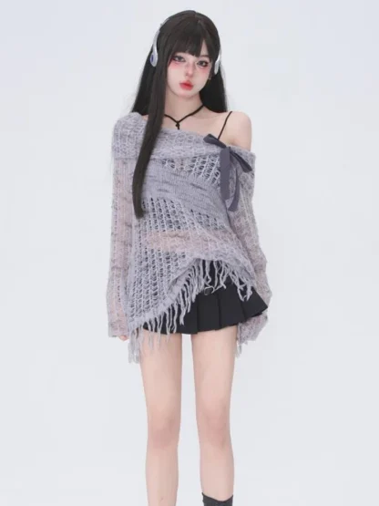 Hollow Tassel Off Shoulder Sweater - Image 6