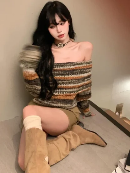 Neutral Stripe Off Shoulder Sweater - Image 2
