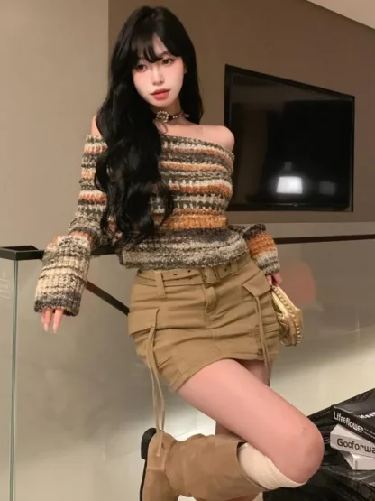 Neutral Stripe Off Shoulder Sweater - Image 3