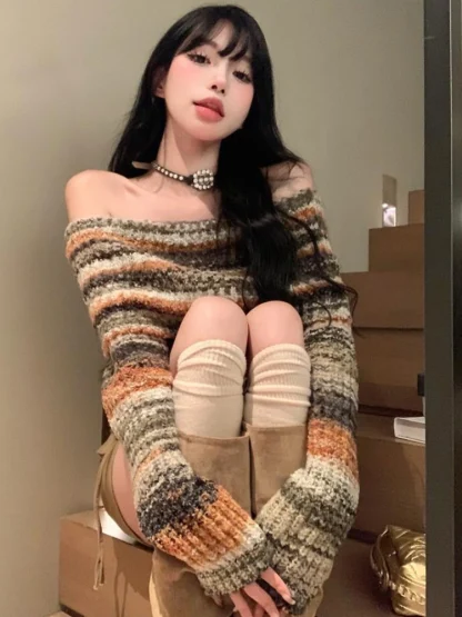 Neutral Stripe Off Shoulder Sweater - Image 4