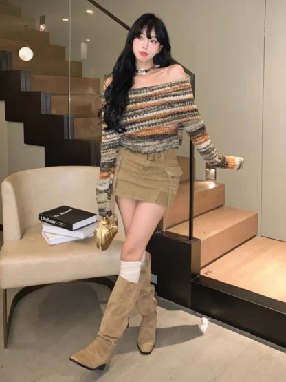 Neutral Stripe Off Shoulder Sweater - Image 5