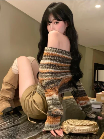 Neutral Stripe Off Shoulder Sweater
