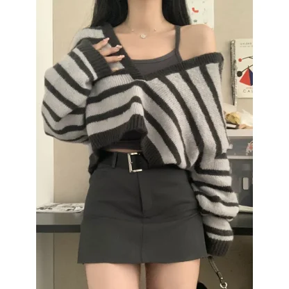 Striped Crop Off Shoulder Sweater - Image 2