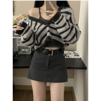 Striped Crop Off Shoulder Sweater - Image 3