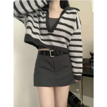 Striped Crop Off Shoulder Sweater - Image 5