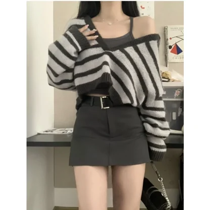 Striped Crop Off Shoulder Sweater - Image 6