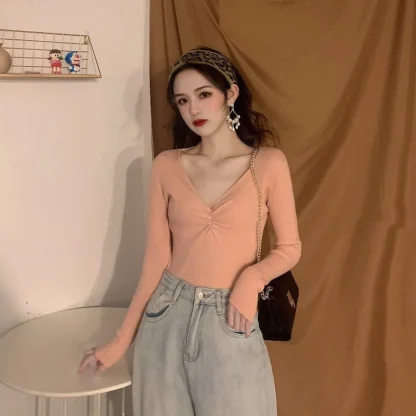 Pleated V-Neck Off Shoulder Sweater - Image 2