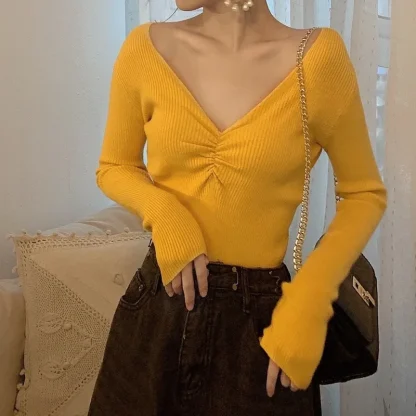 Pleated V-Neck Off Shoulder Sweater