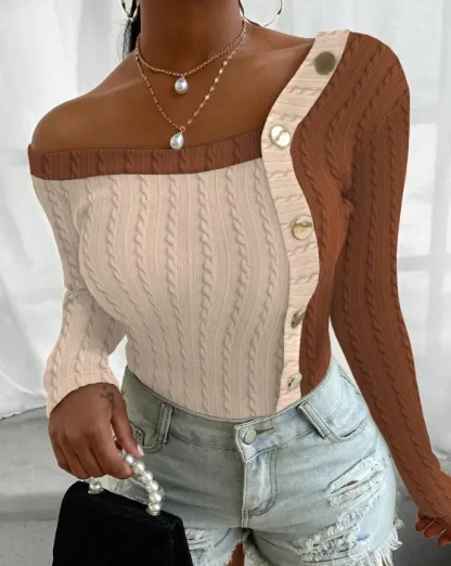 Colorblock Off Shoulder Sweater Tops - Image 3