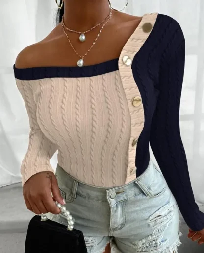 Colorblock Off Shoulder Sweater Tops - Image 4