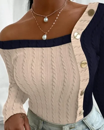 Colorblock Off Shoulder Sweater Tops - Image 5
