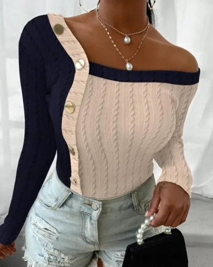 Colorblock Off Shoulder Sweater Tops - Image 6