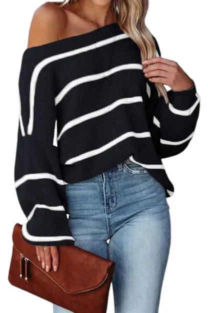 Oversized Stripe Off Shoulder Sweater - Image 2